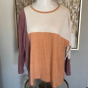 EASEL LIGHT CREAM,HEATHER ORANGE AND BURGUNDY COLOR-BLOCK LONG SLEEVE TOP